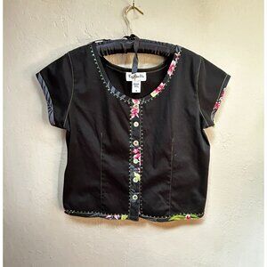 Key Lime Pie Women's Crop Top Short Sleeve Button Front Shirt Medium Black